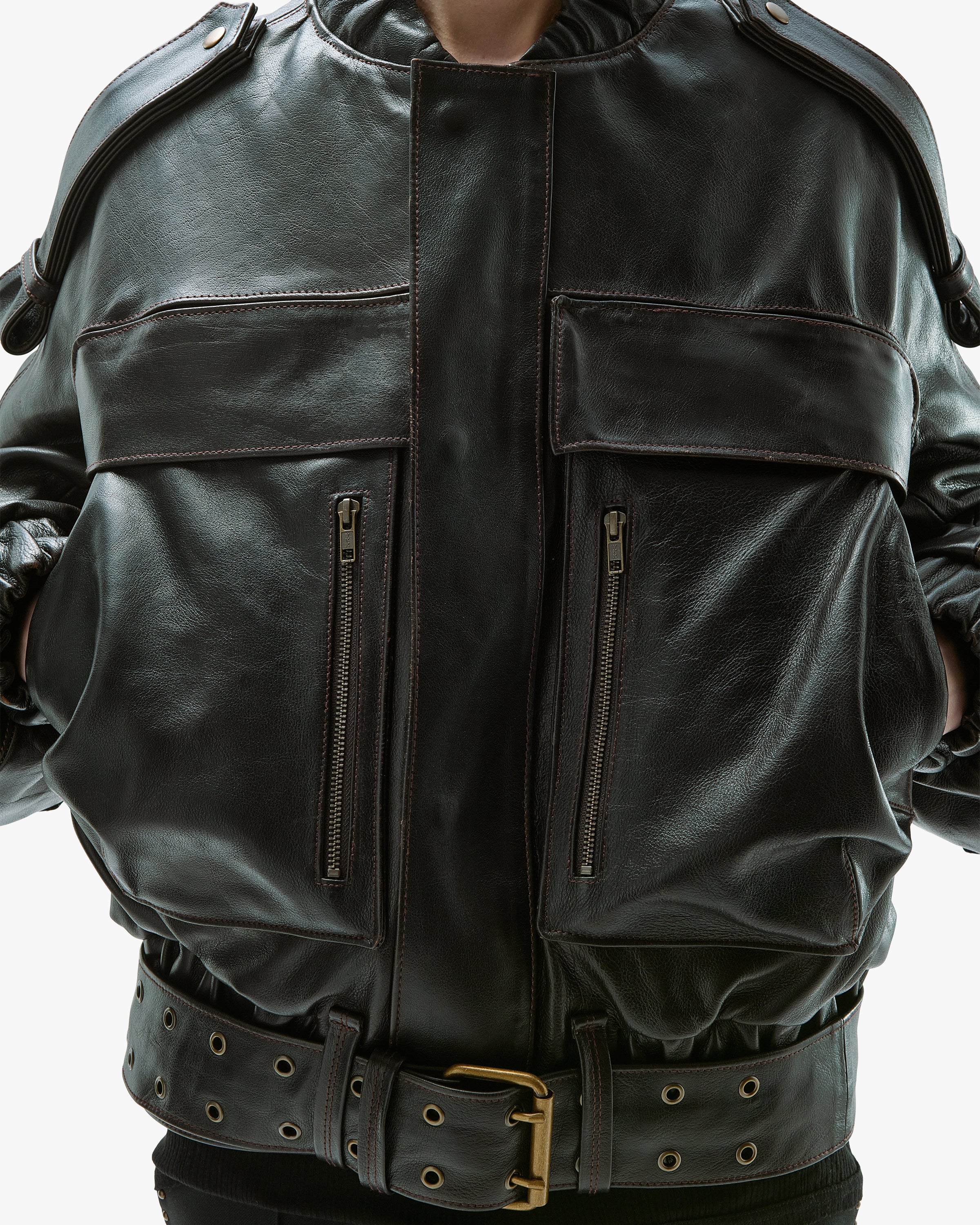 'SKOLA' LEATHER BOMBER JACKET – DARK BROWN