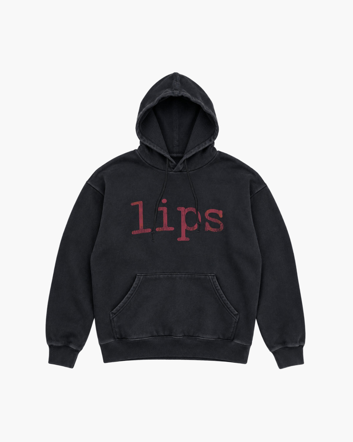 'LIPS' 2-LAYER WAFFLE HOODIE – WASHED BLACK