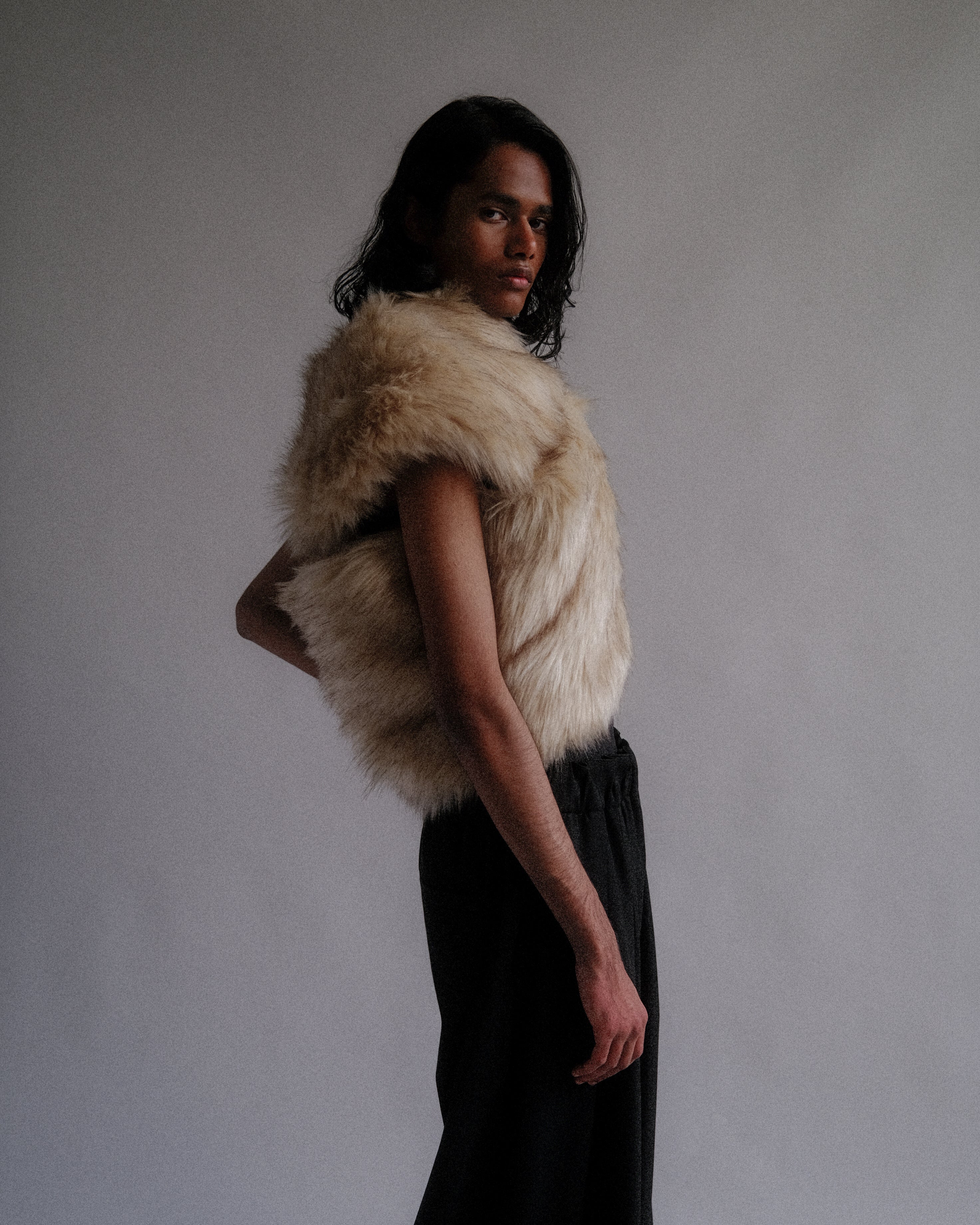 Faux-Fur Scarf Vest - Beige