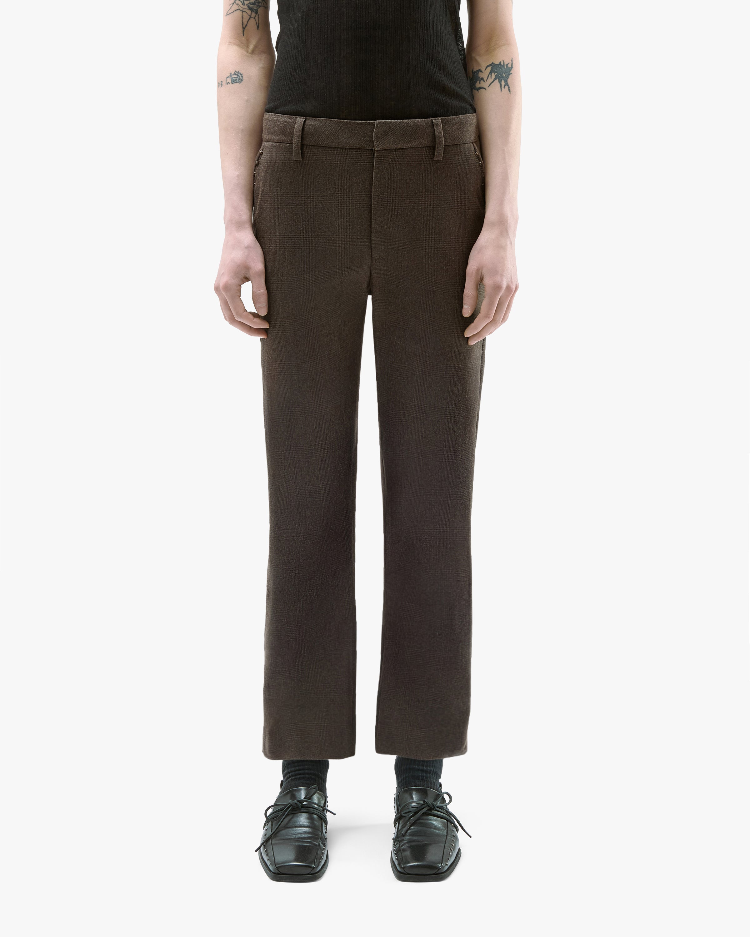 'ZVON' WOOL STUDDED SUIT PANTS – CHECKED BROWN