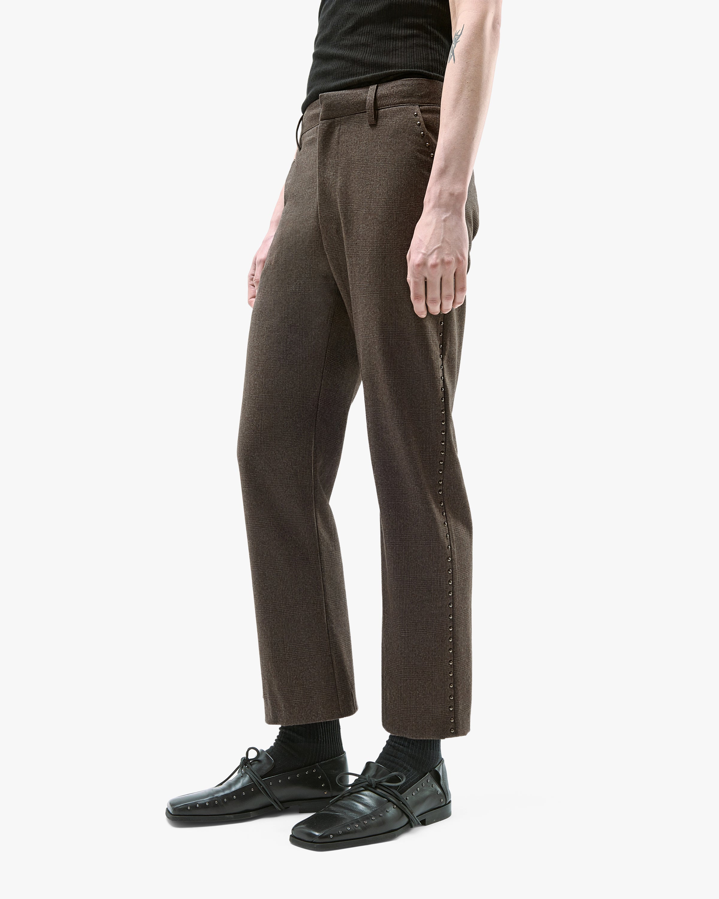 'ZVON' WOOL STUDDED SUIT PANTS – CHECKED BROWN