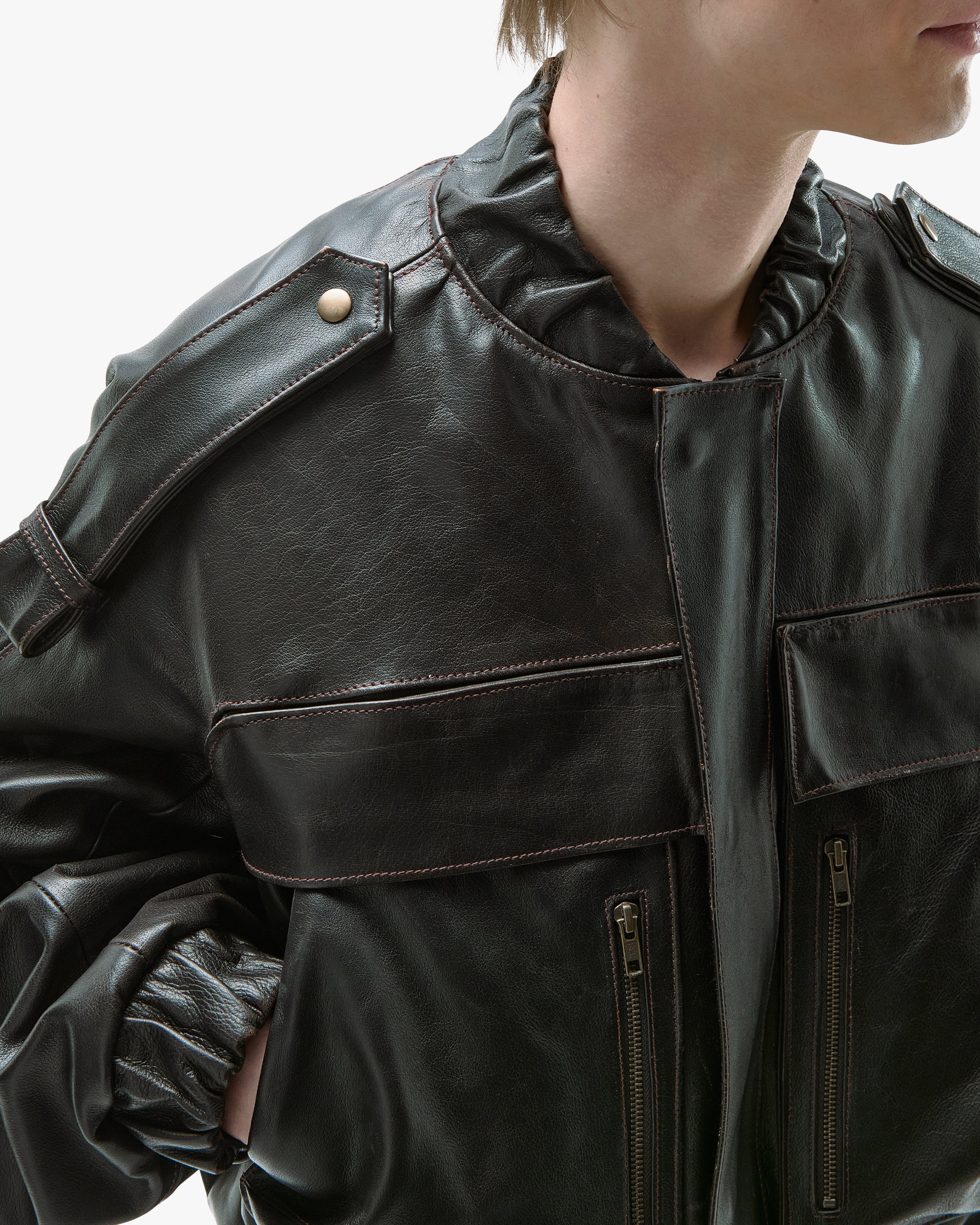 'SKOLA' LEATHER BOMBER JACKET – DARK BROWN